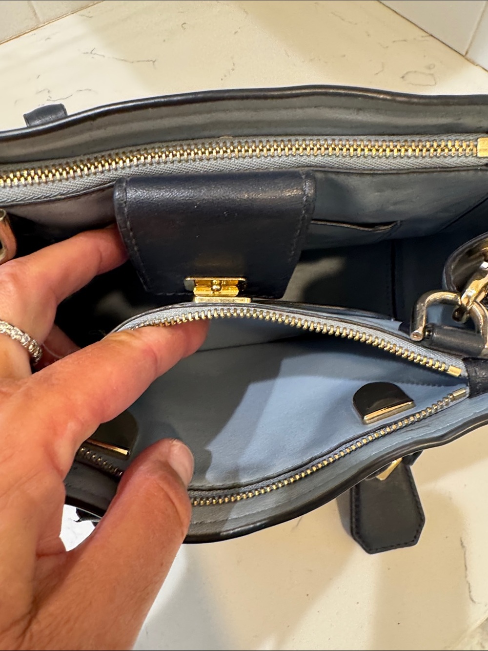 Michael Kors Navy Leather Satchel with Gold Hardware - Picture 15 of 16
